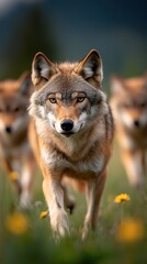 Obraz premium Wolf pack walking meadow sunset wildlife nature