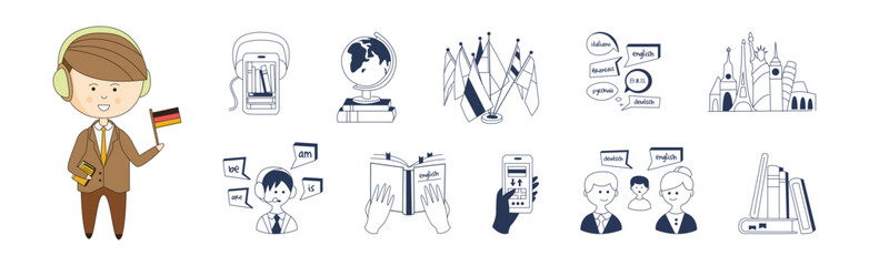 Foreign Language Learning and Speaking Doodle Icon and Element Vector Set