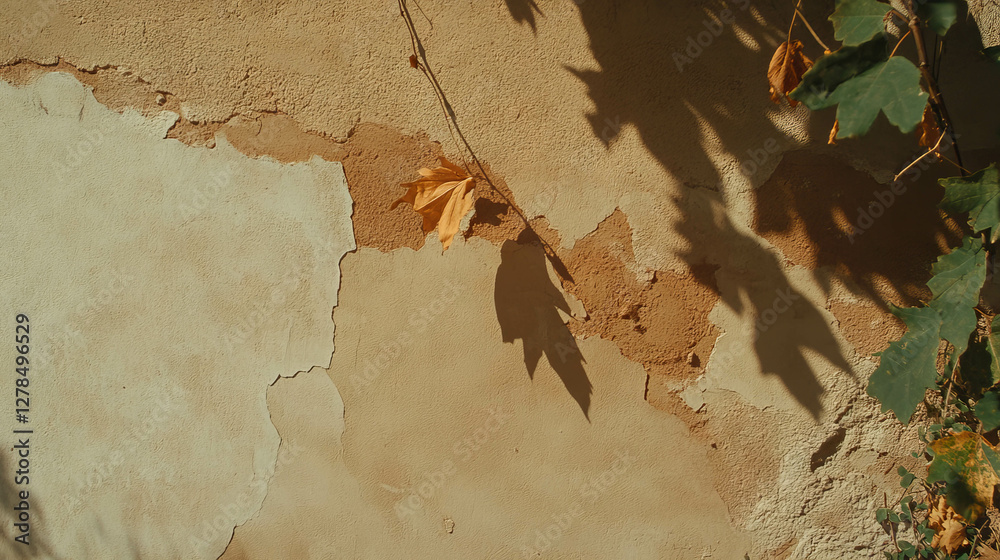 Poster rustic mud wall textured with dry leaves and subtle shadows in natural light