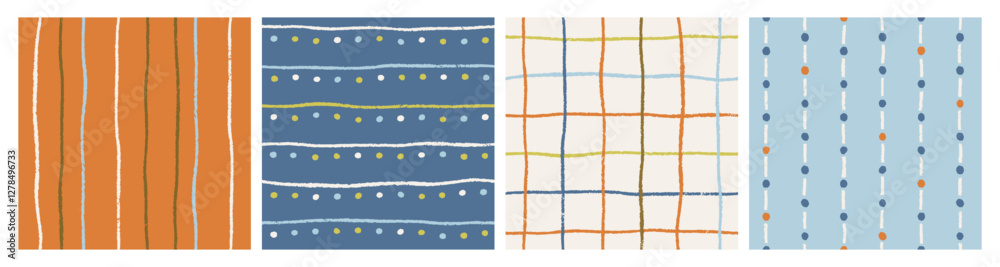 Poster Seamless patterns set with hand-drawn stripes, tiny line grid and dots. Modern minimalistic backgrounds, repeating print design, simple textures for textile, fabric, cloth. Flat vector illustration