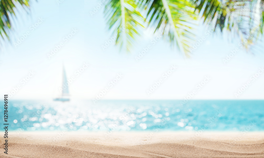 Poster a serene seaside view with soft-focus palm leaves in the foreground and a sailboat gently gliding on