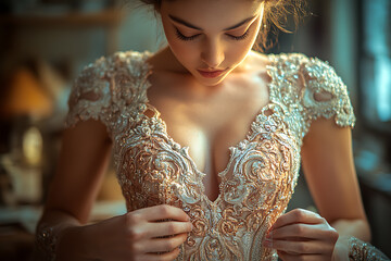 A designer sewing an exclusive dress, using unconventional materials. The studio is filled with fabrics, fashion sketches, and sewing tools.