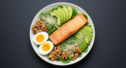 Healthy keto diet meal with salmon, avocado, boiled eggs and walnuts.