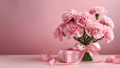 Fototapeta premium A bouquet of pink carnations tied with a pink ribbon lies next to a small gift box wrapped in brown paper and adorned with a pink ribbon on a pink background Generative AI