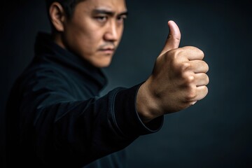 Asian man giving thumbs up gesture, approval and agreement concept, positive sign with serious expression