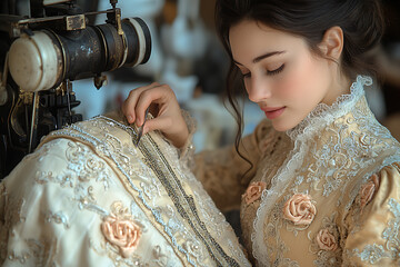 A designer sewing an exclusive dress, using unconventional materials. The studio is filled with fabrics, fashion sketches, and sewing tools.