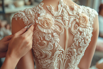 A designer sewing an exclusive dress, using unconventional materials. The studio is filled with fabrics, fashion sketches, and sewing tools.