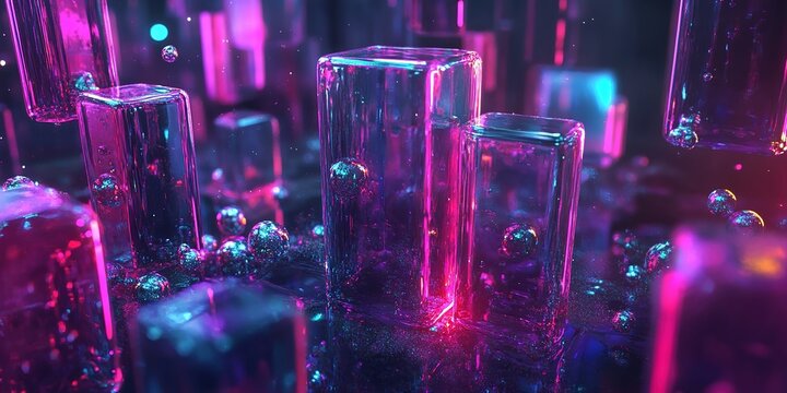 Futuristic Real Estate Abstract: Cyberpunk Energy Particles and Neon Fluid Grid. Geometric Liquid Architecture on Black Mirror Base. Light Pollution Glow for Investment Marketing Background. 