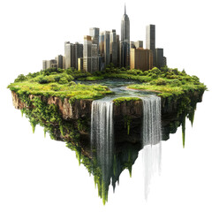 A floating island with green grass, waterfalls, and city buildings on a Transparent background.