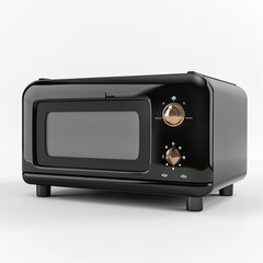 A sleek black microwave oven with vintage design and gold knobs for temperature control. isolated on white background