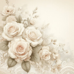 Obraz premium Watercolor vintage ivory roses rustic lace and had writing texts, Scrapbook paper, Wedding background