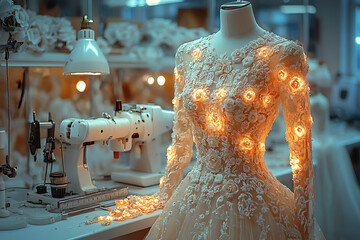 A designer sewing an exclusive dress, using unconventional materials. The studio is filled with fabrics, fashion sketches, and sewing tools.