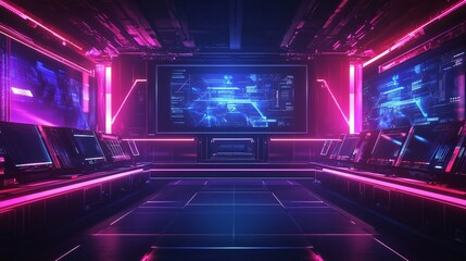 Futuristic esports interior with neon lighting and spotlights. 3d rendering.