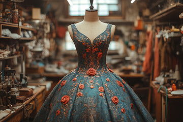 A designer sewing an exclusive dress, using unconventional materials. The studio is filled with fabrics, fashion sketches, and sewing tools.