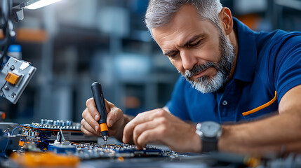 Electronics craftsmanship in action a skilled technician wiring components modern workshop focused environment industrial insight