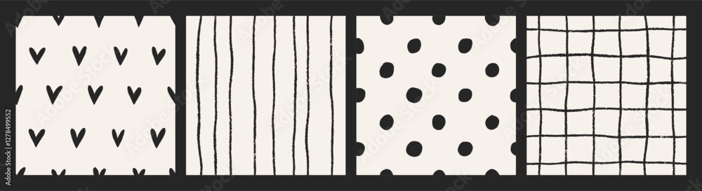 Poster Seamless patterns with simple print, black and white texture design. Abstract trendy backgrounds set with tiny hearts, stripes, polka dot, grid for textile, fabric, wrapping. Flat vector illustration