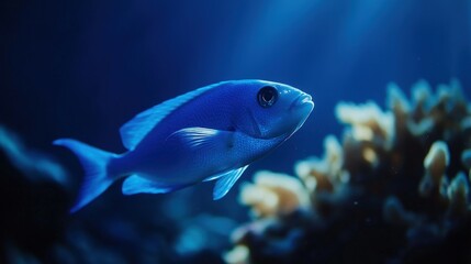 Blue fish swims aquarium, coral background, underwater scene