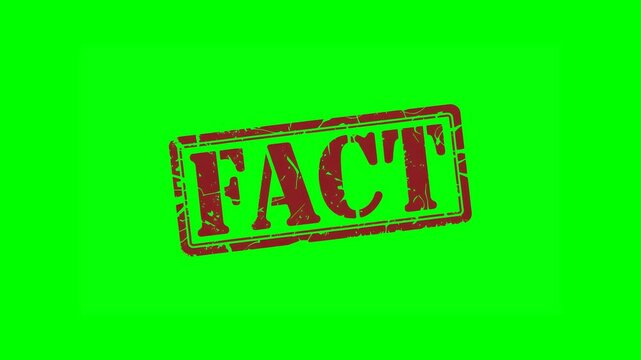 Animated "FACT" rubber stamp seal with bold red text, featuring a zoom and hit effect on a green screen background, perfect for truth verification, authenticity and information