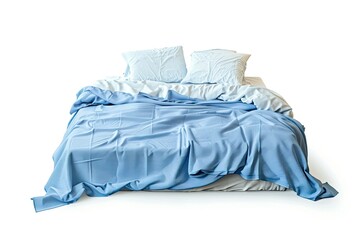 A neatly arranged bed with blue and white bedding, inviting and cozy. isolated on white background
