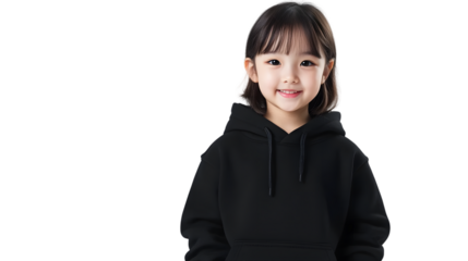 Portrait of a happy beautiful korean kid girl, with short haired bang style, wearing a black hoodie sweater and jeans, front view, mockup concept