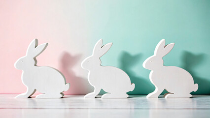 White Wooden Rabbit Silhouettes on Pastel Background for Spring or Easter Decoration