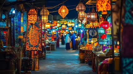 Fototapeta premium Exploring the Vibrant Night Market with Colorful Lanterns and Exotic Goods