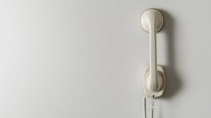 White vintage telephone handset hanging against a plain wall, evoking nostalgia and simplicity