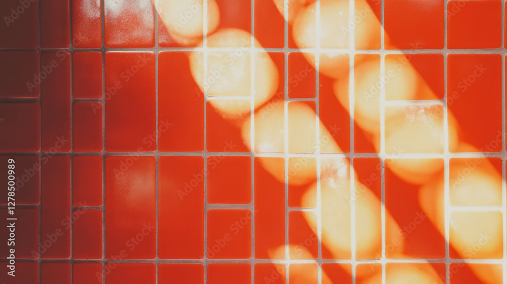 Poster vibrant orange tile pattern with dark grout in abstract light and shadow design