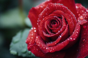 Close-up of a red rose with dew drops on its velvety petals