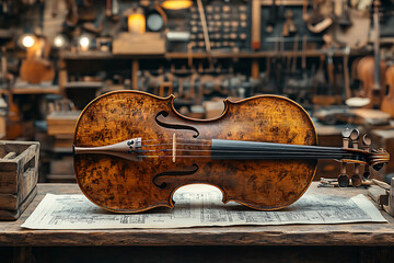A craftsman creates a unique violin or guitar by carefully polishing the wood and stringing the strings in a vintage workshop.
