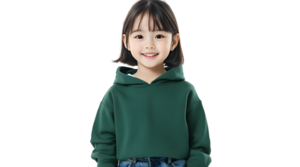 Portrait of a happy beautiful korean kid girl, with short haired bang style, wearing a green hoodie sweater and jeans, front view, mockup concept