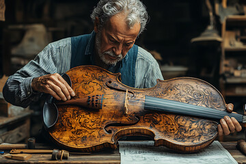 A craftsman creates a unique violin or guitar by carefully polishing the wood and stringing the strings in a vintage workshop.
