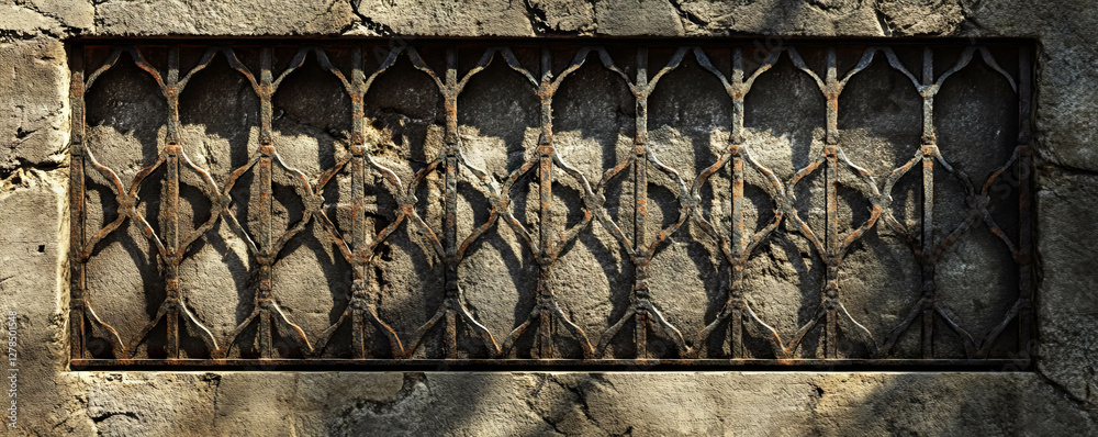 Poster ornate metal grid on aged stone wall with intricate patterns for architectural design