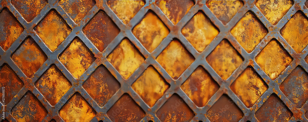 Poster abstract texture of oxidized metal grid on stained concrete surface