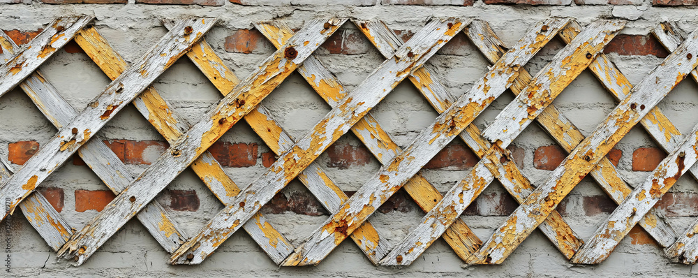 Poster rustic painted wooden lattice on aged brick wall texture for design concepts
