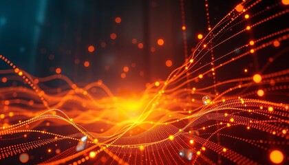 Fototapeta premium A dense network of interconnected lines and dots in warm tones of orange and red