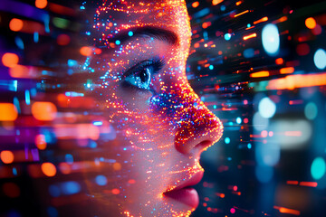 Surreal Floating Human Face Made of Sparkling Sequins with Biometric Patterns and Digital Transformation Set Against Glowing Data Streams and Abstract Landscape