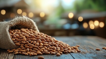 Obraz premium Almond seeds displayed on a wooden table background
