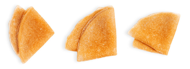 Collection or set of tree folded traditional sweet homemade french crepe dessert or thin fried blini snack made from batter isolated on white background usually served for morning breakfast or brunch