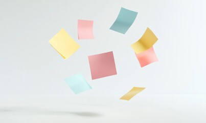 Colorful sticky notes floating in mid-air against a white background.