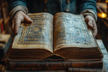 Obraz premium A master in a vintage studio carefully restores an old book, repairing its pages and crafting a leather cover. A soft desk lamp illuminates his workspace