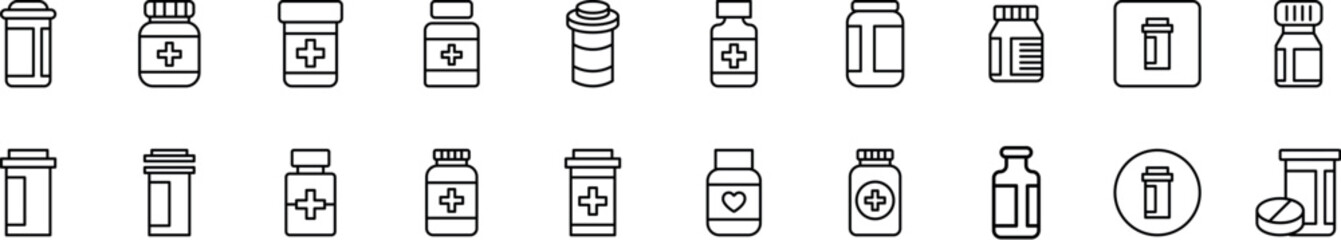 Bottle of Pills Pack of Thin Icons. Editable Stroke. Perfect for Web Sites, Books, Cards, Apps