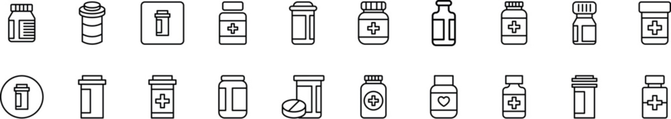 Bottle of Pills Bundle of Thin Icons. Editable Stroke. Perfect for Web Sites, Books, Cards, Apps