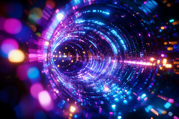 Fototapeta premium Endless 3D Tunnel of Iridescent Sequins Morphing into Abstract Biometric Designs in Vibrant Blues, Pinks, and Greens, Glowing Like a Digital Network