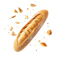 A single baguette bread floating in the air with some small pieces of broken white bread, realistic photograph on an isolated background,