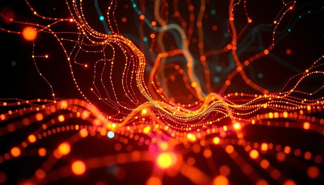 A dense network of interconnected lines and dots in warm tones of orange and yellow - Powered by Adobe