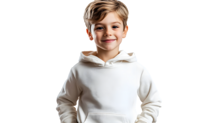 Portrait of a happy handsome american kid boy, wearing a white hoodie sweater and jeans, front view, mockup concept