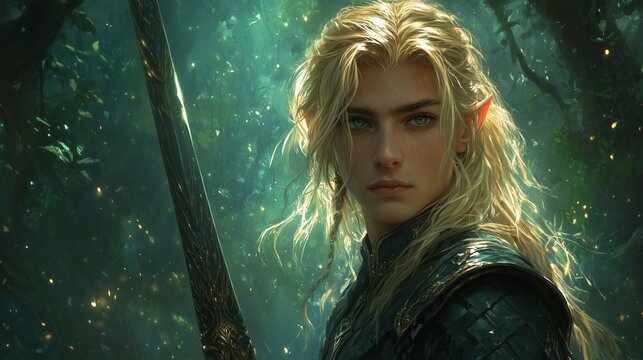 A male blonde elf fantasy warrior holds a magical greatsword
