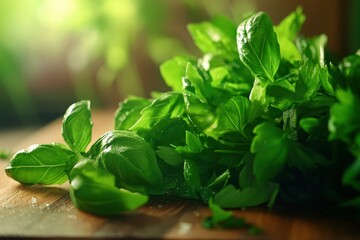 Obraz premium A bunch of parsley and basil are finely chopped on a wooden cutting board, releasing their fresh aroma. 