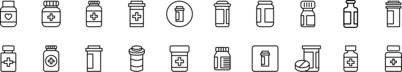 Bottle of Pills Simple Isolated Line Icons Collection. Editable Stroke. Perfect for Web Sites, Books, Cards, Apps